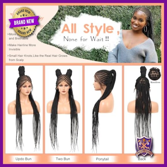 36 Inch Synthetic Braided Wig HD Lace Front Middle Part Box Braid main image 6